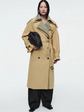 COS Layered Double Breasted Trench Coat Beige Tan Sage Green Size Medium